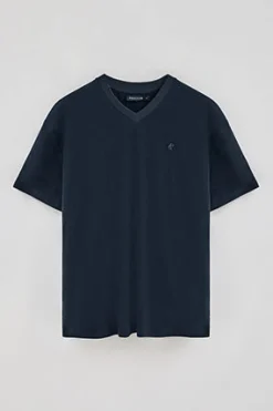 Camiseta azul marino en lino y algodón de cuello en pico y monograma bordado