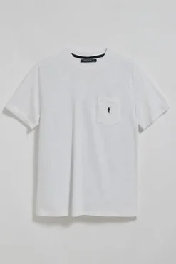 Camiseta blanca de cuello redondo con bolsillo y logo Rigby Go