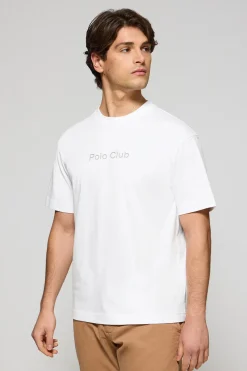 Camiseta blanca de manga corta y cuello redondo con logotipo Polo Club
