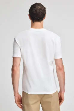 Camiseta blanca en lino y algodón de cuello en pico y monograma bordado