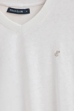 Camiseta blanca en lino y algodón de cuello en pico y monograma bordado