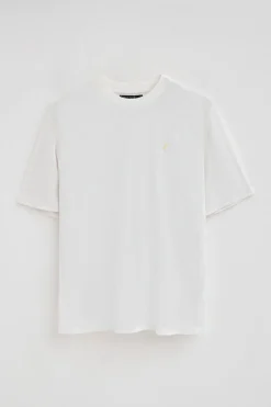 Camiseta blanca en lino y algodón de cuello redondo y monograma bordado
