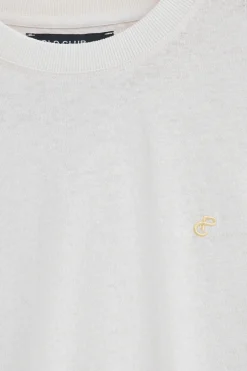 Camiseta blanca en lino y algodón de cuello redondo y monograma bordado