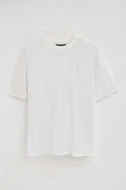 Camiseta blanca en lino y algodón de cuello redondo y monograma bordado