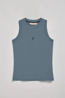 Camiseta básica azul denim sin mangas y cuello redondo con logo bordado Rigby Go