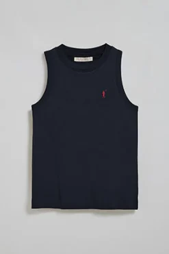Camiseta básica azul marino sin mangas y cuello redondo con logo bordado Rigby Go