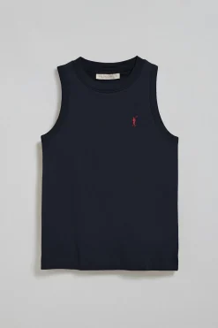 Camiseta básica azul marino sin mangas y cuello redondo con logo bordado Rigby Go