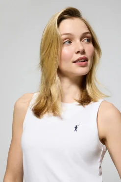 Camiseta básica blanca sin mangas y cuello redondo con logo bordado Rigby Go