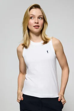 Camiseta básica blanca sin mangas y cuello redondo con logo bordado Rigby Go