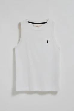 Camiseta básica blanca sin mangas y cuello redondo con logo bordado Rigby Go