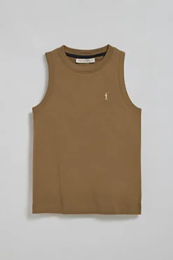 Camiseta básica marrón sin mangas y cuello redondo con logo bordado Rigby Go