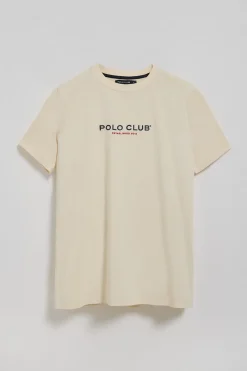 Camiseta color crudo de cuello redondo y logo engomado