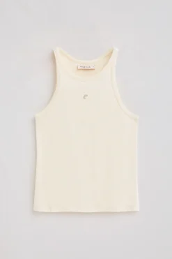 Camiseta color crudo de lino y algodón con monograma bordado