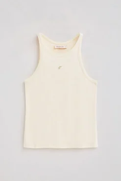 Camiseta color crudo de lino y algodón con monograma bordado