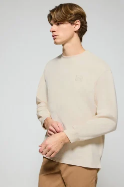 Camiseta de manga larga y cuello redondo color crudo con detalle Polo Club