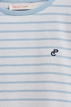 Camiseta de rayas azul claro y beige con monograma bordado