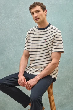 Camiseta de rayas azul marino y beige con monograma bordado