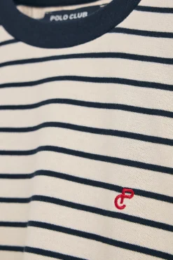 Camiseta de rayas azul marino y beige con monograma bordado