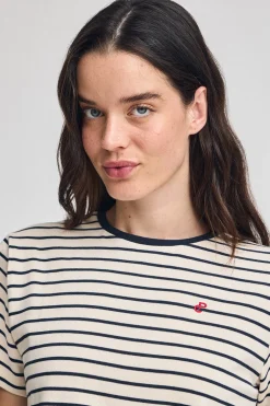 Camiseta de rayas azul marino y beige con monograma bordado