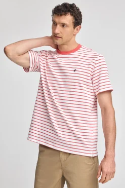 Camiseta de rayas color coral y beige con monograma bordado