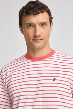 Camiseta de rayas color coral y beige con monograma bordado