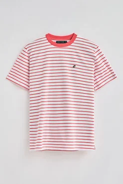 Camiseta de rayas color coral y beige con monograma bordado