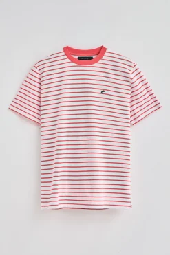 Camiseta de rayas color coral y beige con monograma bordado