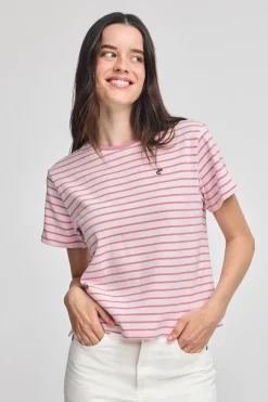 Camiseta de rayas rosa empolvado y beige con monograma bordado