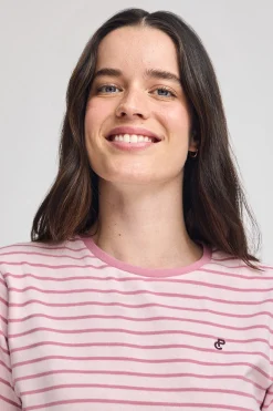 Camiseta de rayas rosa empolvado y beige con monograma bordado