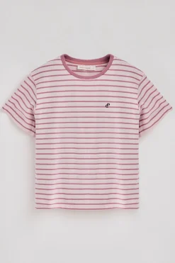 Camiseta de rayas rosa empolvado y beige con monograma bordado