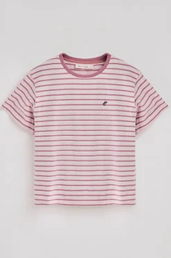 Camiseta de rayas rosa empolvado y beige con monograma bordado