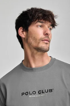 Camiseta gris asfalto de cuello redondo y logo engomado