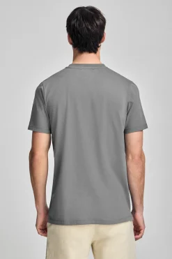 Camiseta gris asfalto de cuello redondo y logo engomado