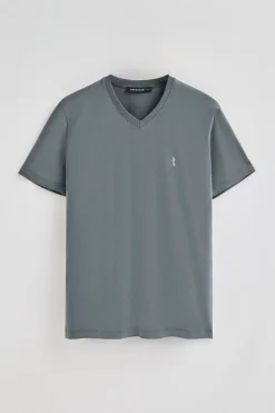 Camiseta gris piedra de manga corta y cuello de pico con bordado Rigby Best