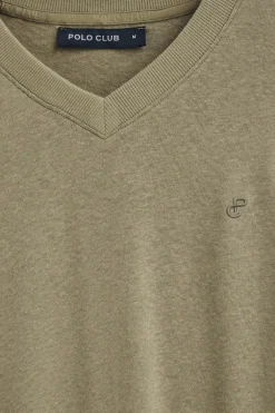 Camiseta verde en lino y algodón de cuello en pico y monograma bordado