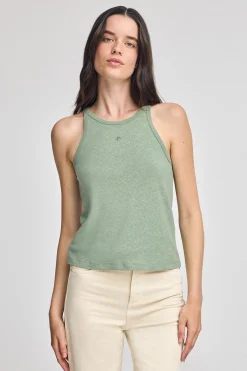 Camiseta verde jade de lino y algodón con monograma bordado