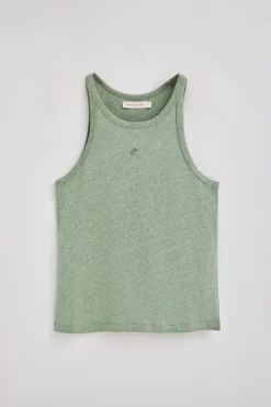 Camiseta verde jade de lino y algodón con monograma bordado