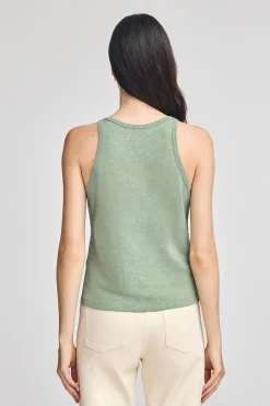 Camiseta verde jade de lino y algodón con monograma bordado