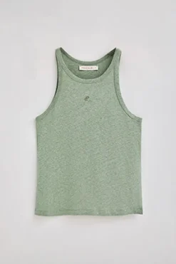Camiseta verde jade de lino y algodón con monograma bordado