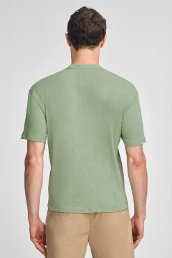 Camiseta verde jade en lino y algodón de cuello redondo y monograma bordado