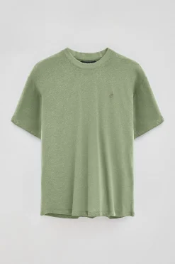 Camiseta verde jade en lino y algodón de cuello redondo y monograma bordado