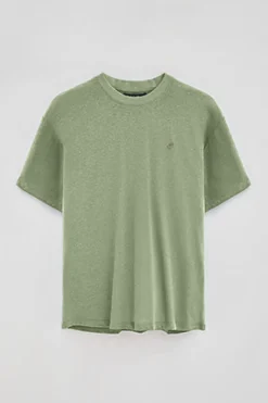 Camiseta verde jade en lino y algodón de cuello redondo y monograma bordado