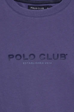 Camiseta violeta azulado de cuello redondo y logo engomado