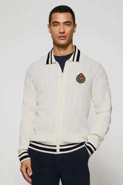 Cardigán beige trenzado con cremallera y logo náutico