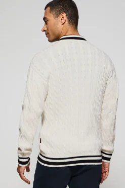 Cardigán beige trenzado con cremallera y logo náutico