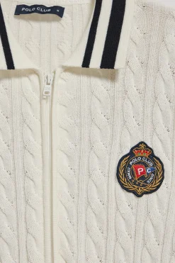 Cardigán beige trenzado con cremallera y logo náutico