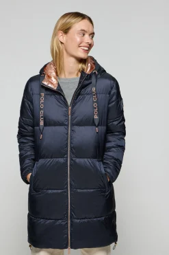 Chaqueta azul marino larga y acolchada Rose de capucha fija y detalles Polo Club
