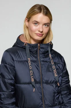 Chaqueta azul marino larga y acolchada Rose de capucha fija y detalles Polo Club
