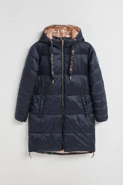 Chaqueta azul marino larga y acolchada Rose de capucha fija y detalles Polo Club
