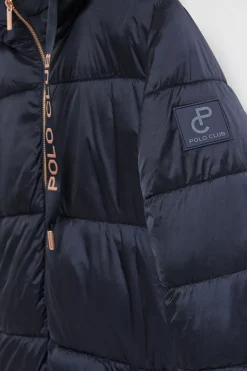 Chaqueta azul marino larga y acolchada Rose de capucha fija y detalles Polo Club